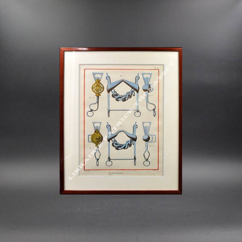 Superbe gravure couleur "l'éperonnier" planche X d'après l'encyclopédie de Diderot et d'Alembert, bien encadrée.