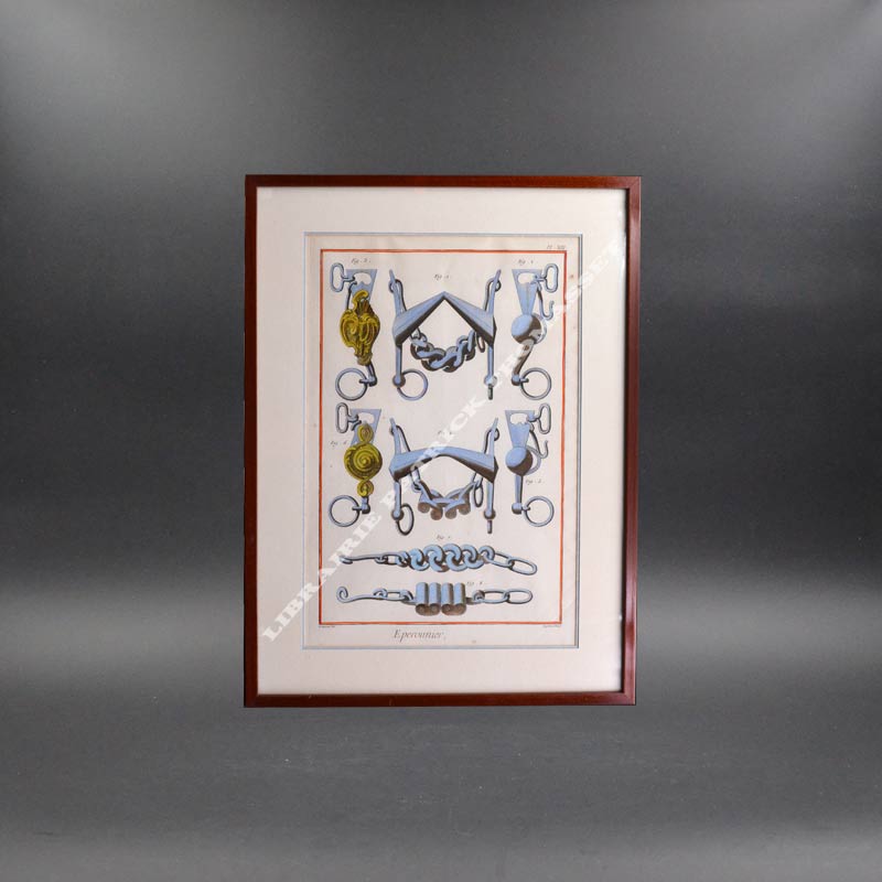 Superbe gravure couleur "l'éperonnier" planche XIII d'après l'encyclopédie de Diderot et d'Alembert, bien encadrée.