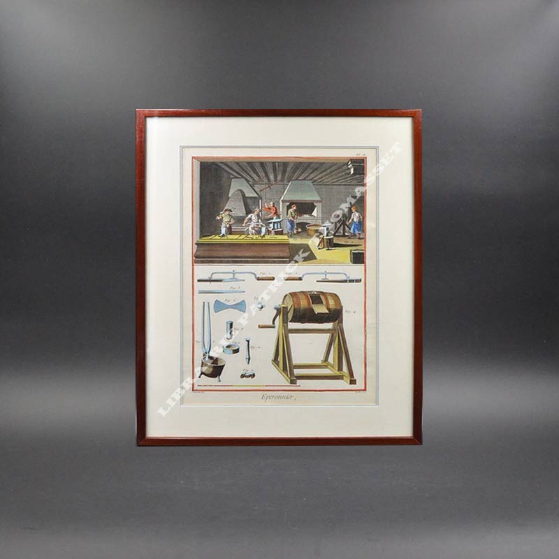 Superbe gravure couleur "l'éperonnier" planche II d'après l'encyclopédie de Diderot et d'Alembert, bien encadrée